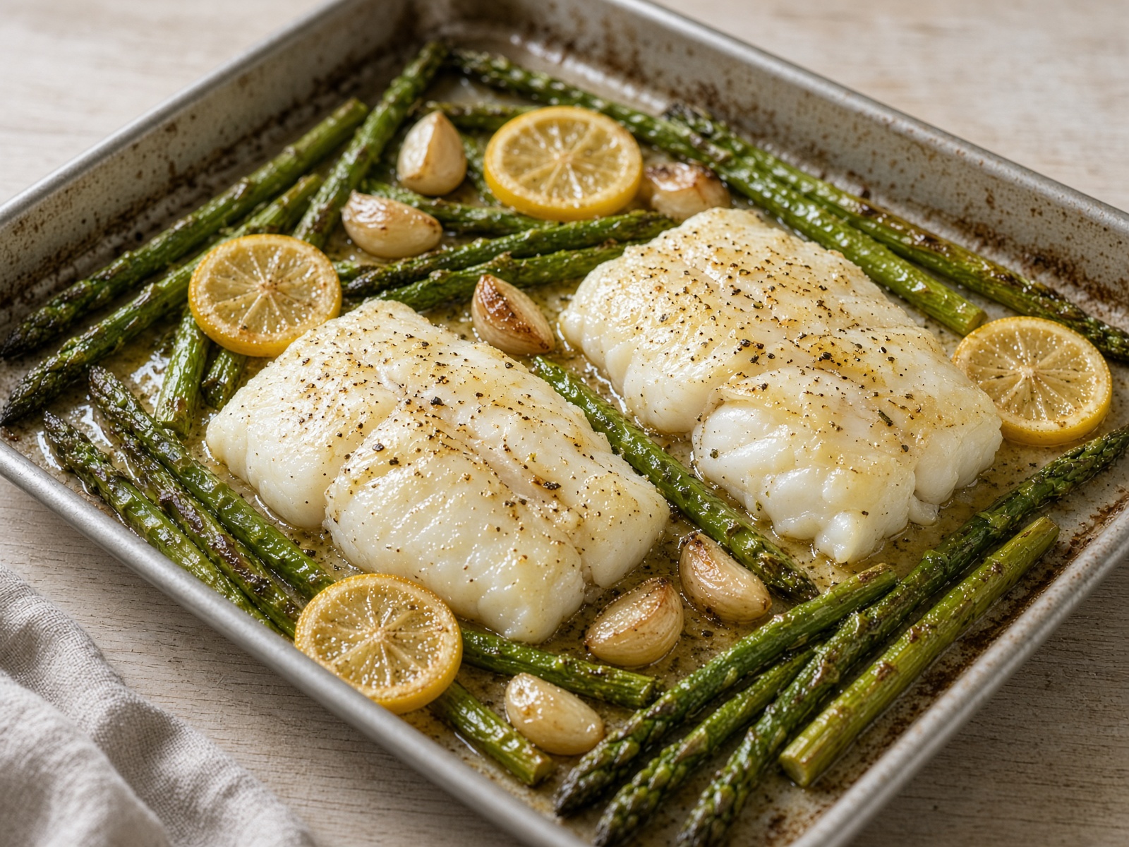 Baked Cod with Asparagus, Lemon, and Garlic