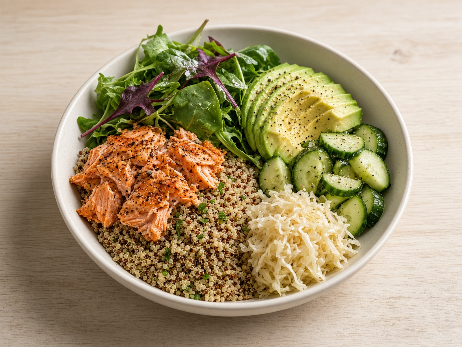 Salmon Avocado Quinoa Bowl with Mixed Greens