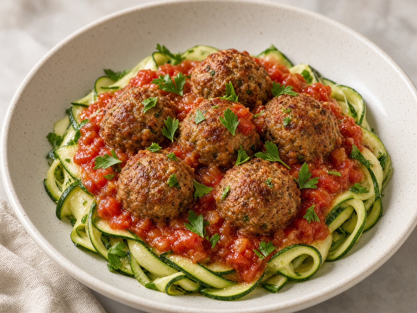 Turkey Meatballs with Zucchini Noodles and Tomato Sauce